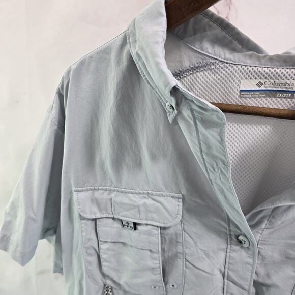 Columbia Shirt Mens 2X XXL Gray Blue PFG Button Up Short Sleeve Vented Ripstop - Picture 2 of 13